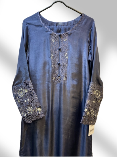 Elegant Raw Silk Cut-Work Shirt with Embroidered Sleeves