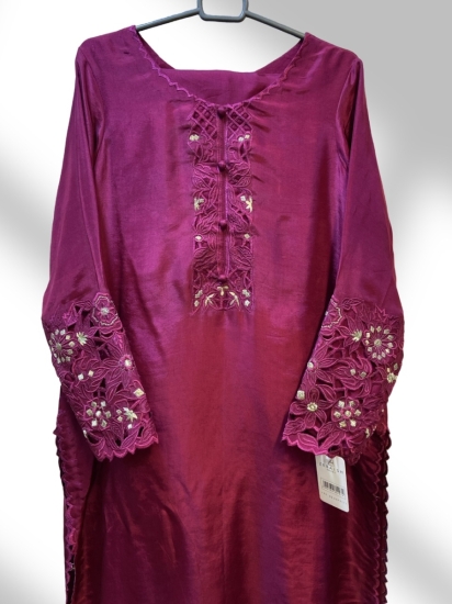 "Elegant Raw Silk Cut-Work Shirt with Embroidered Sleeves | Zebaish House"